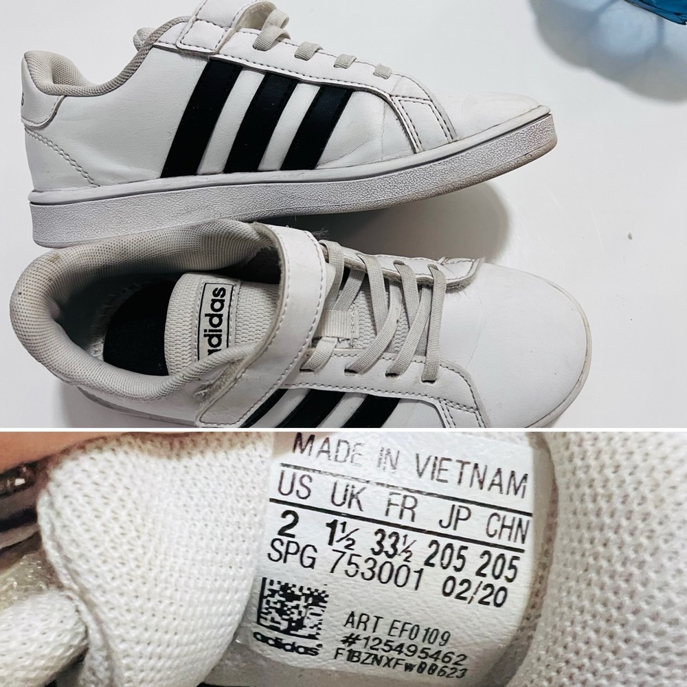 Adidas youth white striped shoes sneakers size 2 EUC unisex girls/boys
